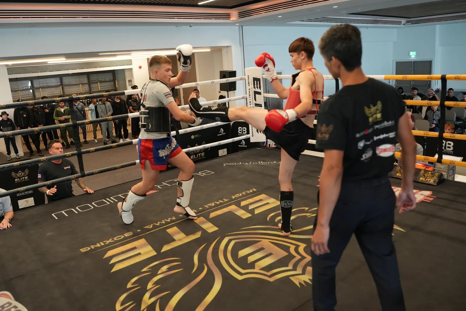 Wide XFC kickboxing frame showing a high kick and full ring context.