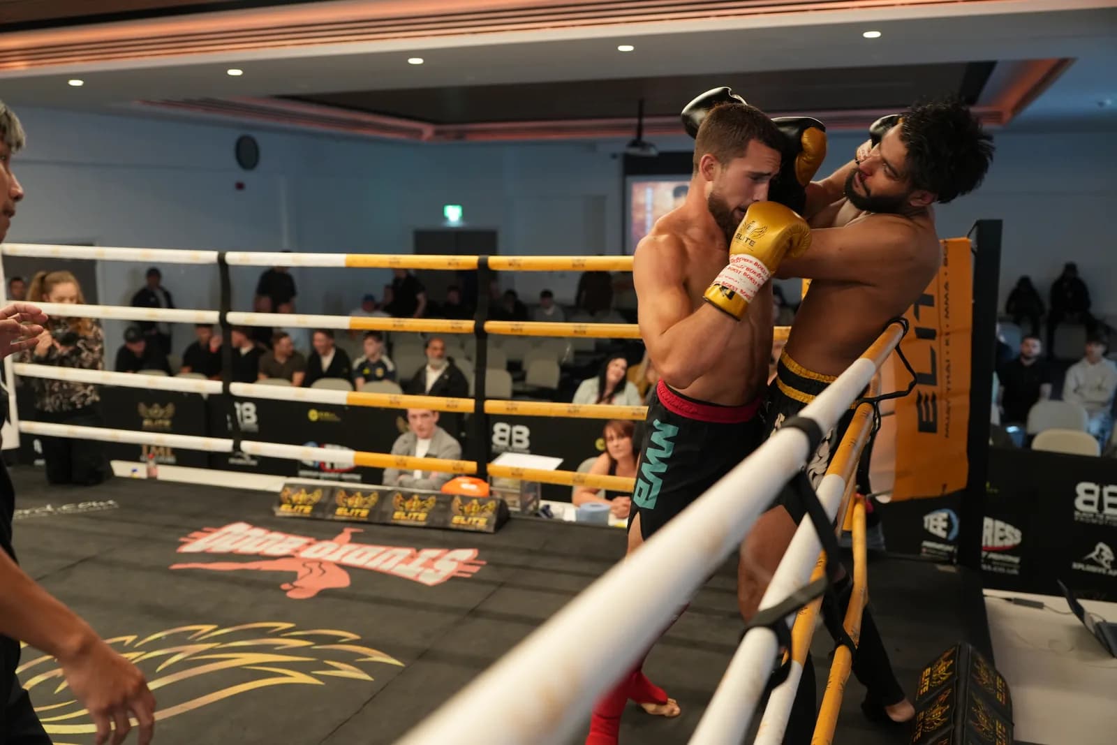 Ringside XFC image of a fighter driving an opponent into the corner with a kick.