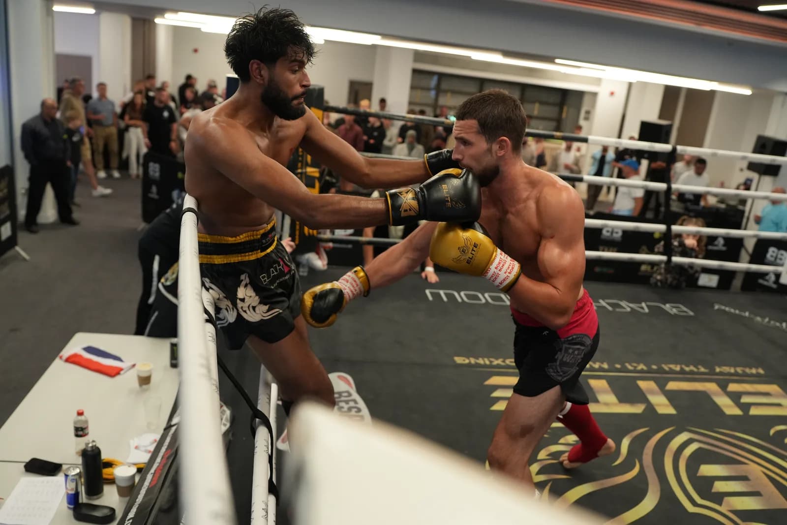 XFC image of a boxer landing a punch while driving the opponent back.