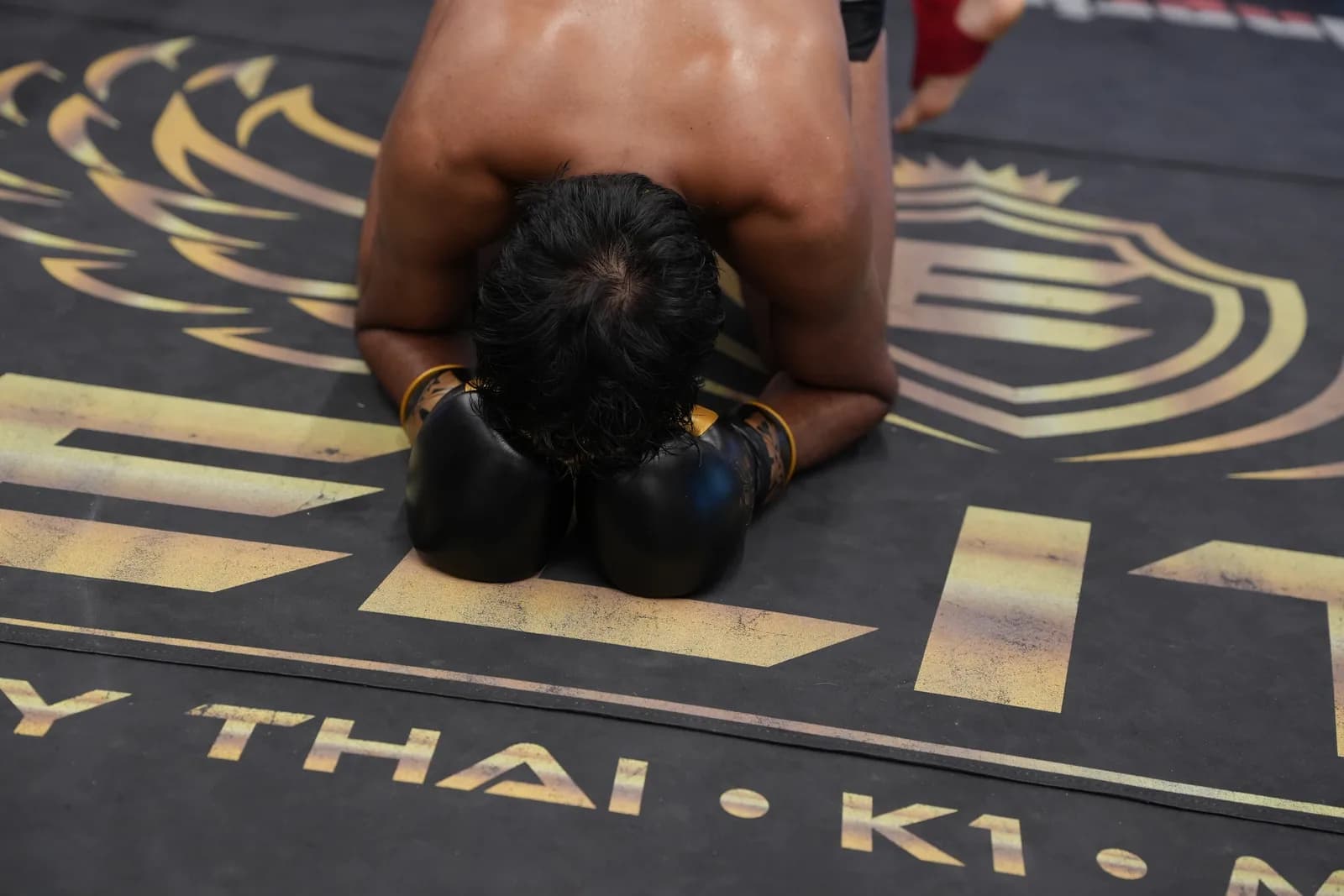 XFC post-fight image of a fighter kneeling on the canvas after the bout.