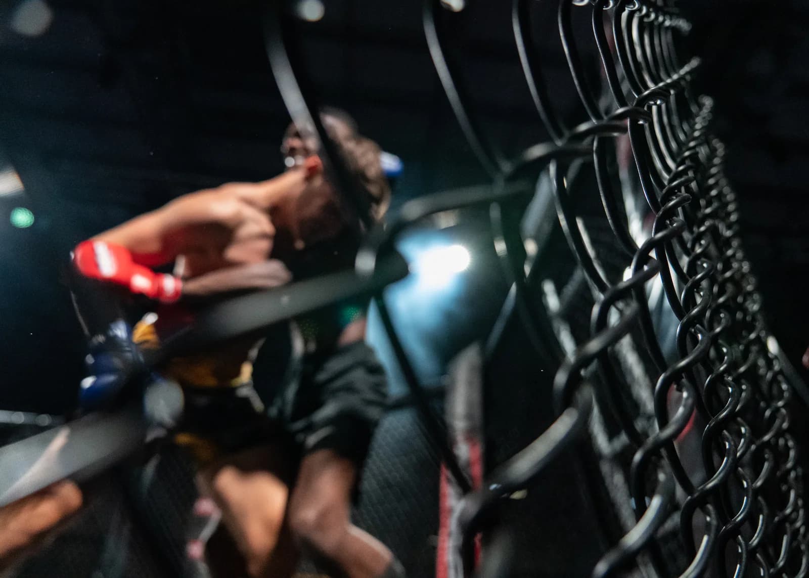 Close cage-side MMA detail with a fighter framed through the fence during competition.